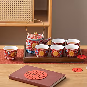 Elegant Chinese Wedding Ceramic 6pcs Tea Cup Pot Set with Suitcase