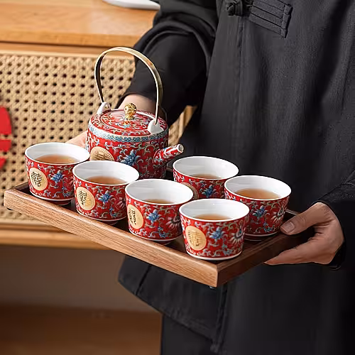 Elegant Chinese Wedding Ceramic 6pcs Tea Cup Pot Set with Suitcase