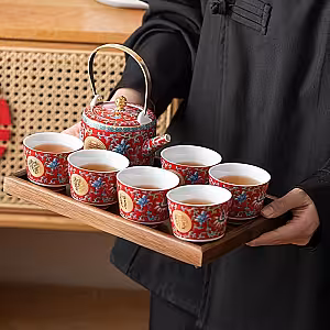Elegant Chinese Wedding Ceramic 6pcs Tea Cup Pot Set with Suitcase