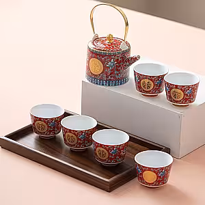 Elegant Chinese Wedding Ceramic 6pcs Tea Cup Pot Set with Suitcase