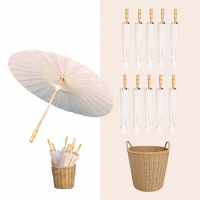 10pc Oriental Oil Paper Umbrella With Woven Storage Basket Set