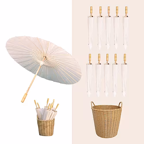 10pc Oriental Oil Paper Umbrella With Woven Storage Basket Set