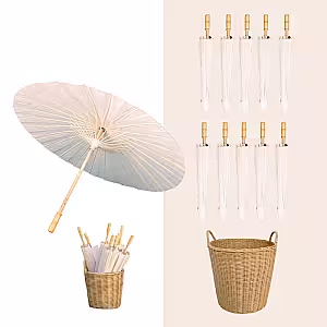 10pc Oriental Oil Paper Umbrella With Woven Storage Basket Set