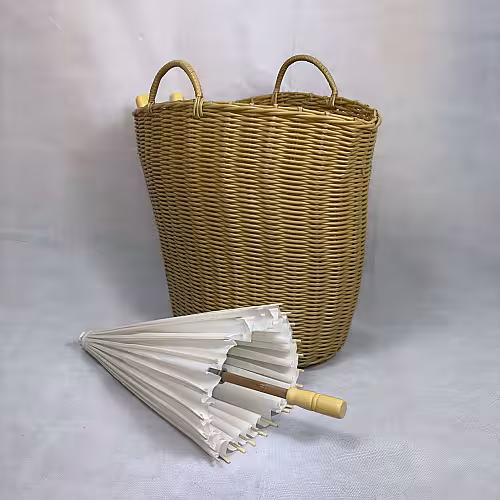 10pc Oriental Oil Paper Umbrella With Woven Storage Basket Set