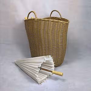 10pc Oriental Oil Paper Umbrella With Woven Storage Basket Set