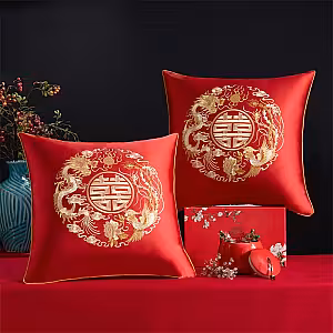 Embroidered Chinese Wedding Red Dragon and Phoenix Designed Cushion Covers