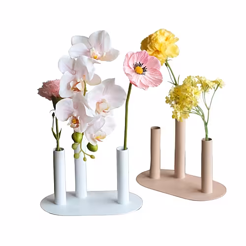 Modern Minimalist Stainless Steel 3 Tri Tube Stem Flower Vase for Tablescape Decor (White)