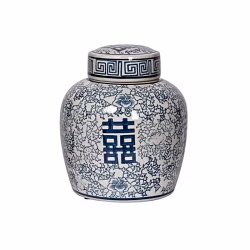 Oriental Blue and White Floral Pattern Round Canister with Lid