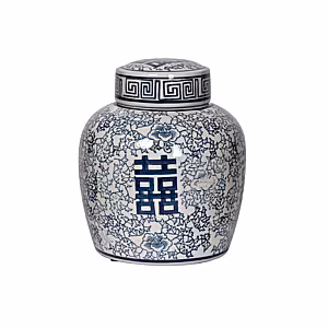 Oriental Blue and White Floral Pattern Round Canister with Lid