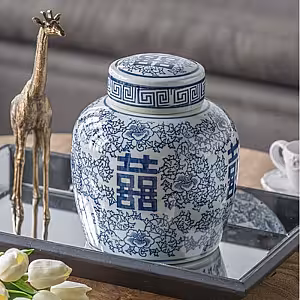 Oriental Blue and White Floral Pattern Round Canister with Lid