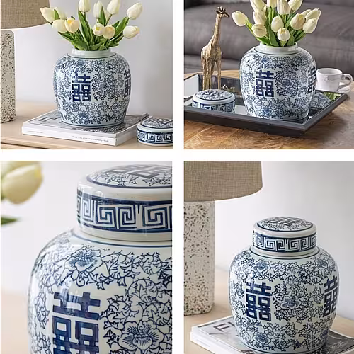 Oriental Blue and White Floral Pattern Round Canister with Lid