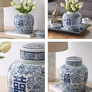 Oriental Blue and White Floral Pattern Round Canister with Lid