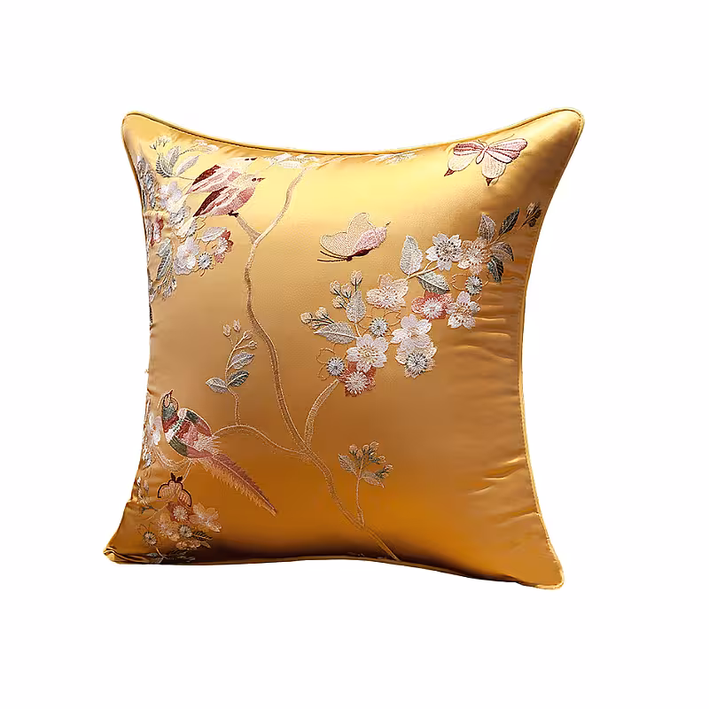 Oriental Embroided Floral Bird Butterfly Designed Decorative Satin Cushion Cover (Gold)