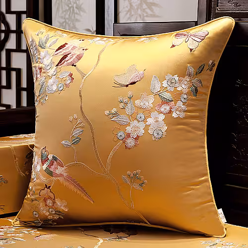 Oriental Embroided Floral Bird Butterfly Designed Decorative Satin Cushion Cover (Gold)