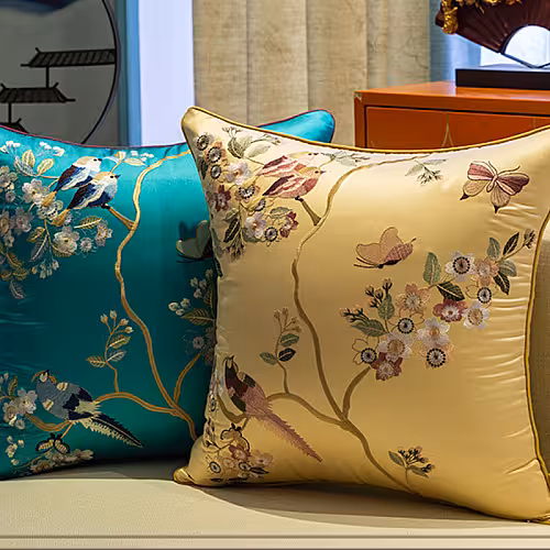 Oriental Embroided Floral Bird Butterfly Designed Decorative Satin Cushion Cover (Gold)