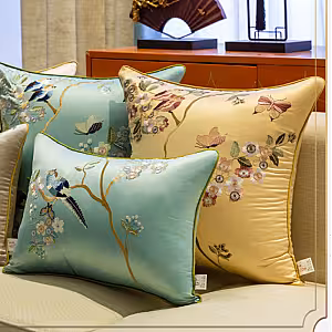 Oriental Embroided Floral Bird Butterfly Designed Decorative Satin Cushion Cover (Gold)