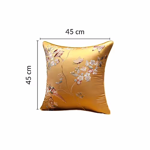Oriental Embroided Floral Bird Butterfly Designed Decorative Satin Cushion Cover (Gold)