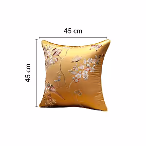 Oriental Embroided Floral Bird Butterfly Designed Decorative Satin Cushion Cover (Gold)