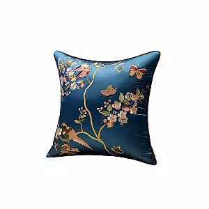 Oriental Embroided Floral Bird Butterfly Designed Decorative Satin Cushion Cover (Royal Blue)