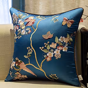 Oriental Embroided Floral Bird Butterfly Designed Decorative Satin Cushion Cover (Royal Blue)