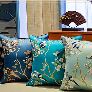 Oriental Embroided Floral Bird Butterfly Designed Decorative Satin Cushion Cover (Royal Blue)