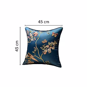 Oriental Embroided Floral Bird Butterfly Designed Decorative Satin Cushion Cover (Royal Blue)