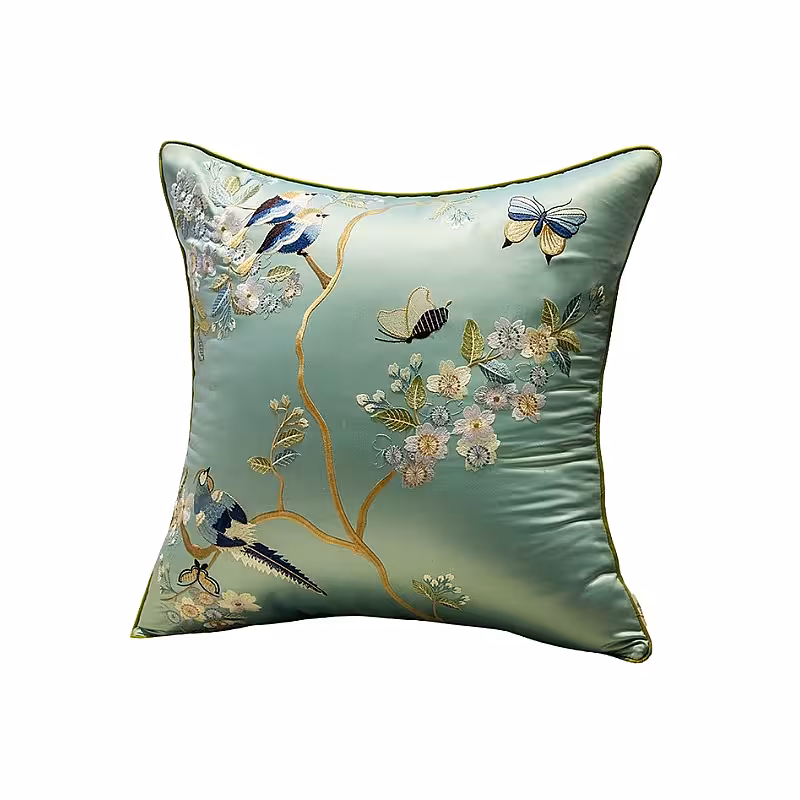 Oriental Embroided Floral Bird Butterfly Designed Decorative Satin Cushion Cover (Teal)