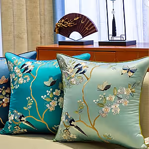 Oriental Embroided Floral Bird Butterfly Designed Decorative Satin Cushion Cover (Teal)