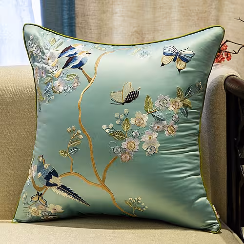 Oriental Embroided Floral Bird Butterfly Designed Decorative Satin Cushion Cover (Teal)