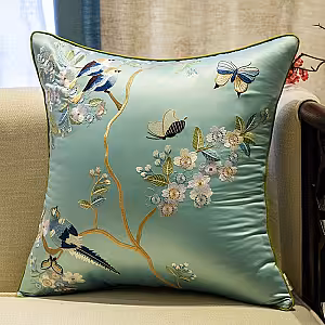 Oriental Embroided Floral Bird Butterfly Designed Decorative Satin Cushion Cover (Teal)