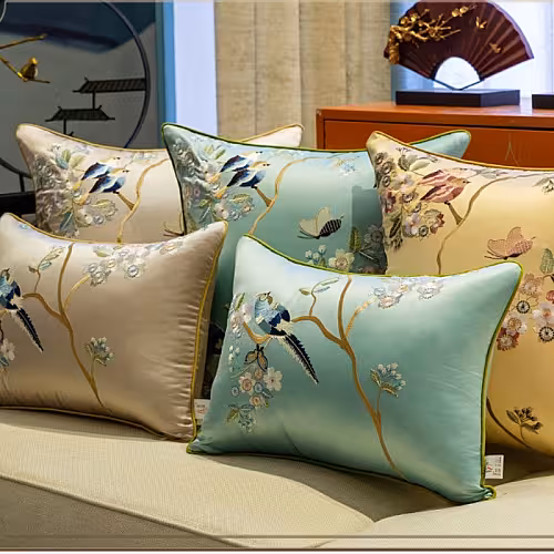 Oriental Embroided Floral Bird Butterfly Designed Decorative Satin Cushion Cover (Teal)