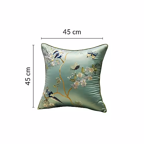 Oriental Embroided Floral Bird Butterfly Designed Decorative Satin Cushion Cover (Teal)