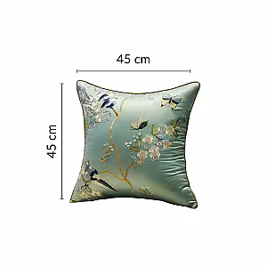 Oriental Embroided Floral Bird Butterfly Designed Decorative Satin Cushion Cover (Teal)