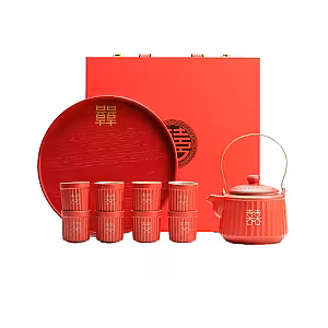 Oriental Red Lantern Tea Pot and Cup Set with Suitecase