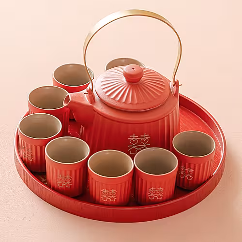Oriental Red Lantern Tea Pot and Cup Set with Suitecase