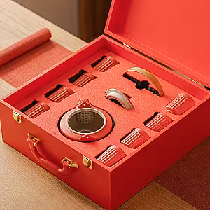 Oriental Red Lantern Tea Pot and Cup Set with Suitecase