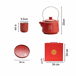 Oriental Red Lantern Tea Pot and Cup Set with Suitecase