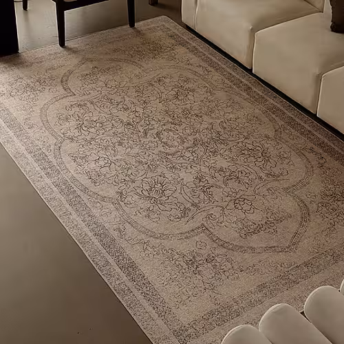 Retro French Style Flower Designed White Grey Rectangle Carpet