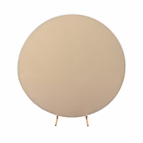Round Background Elastic Cloth Arch Stand in cream, large circular fabric panel with smooth finish on slim gold metal legs
