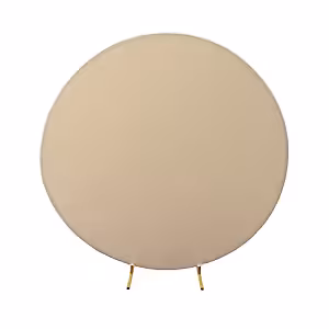 Round Background Elastic Cloth Arch Stand in cream, large circular fabric panel with smooth finish on slim gold metal legs
